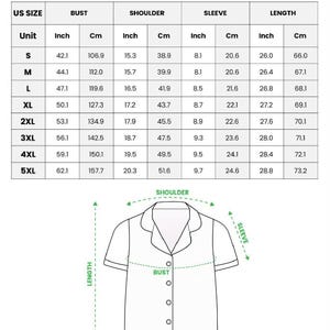 Puede incluir: Tabla de tallas para un conjunto de pijama de sat&eacute;n con estampado integral y manga corta. Las medidas se muestran en pulgadas y cent&iacute;metros. La tabla incluye medidas de busto, hombros, mangas y largo.