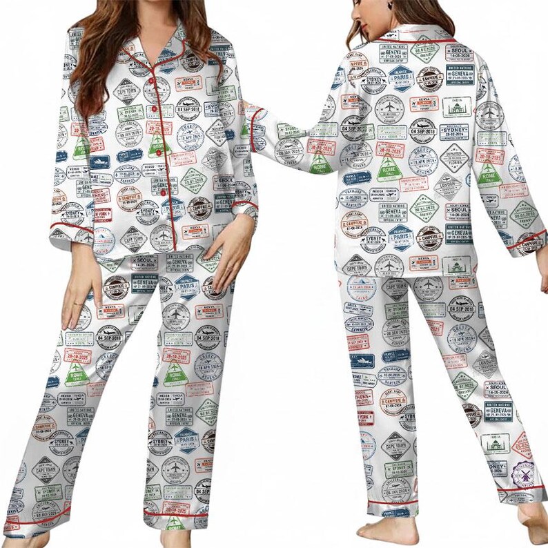Travel Print Pajama Set for Women – Button-Up Short Sleeve Pajamas with Shorts, Cute Vacation Lounge Sleepwear Gift bild 3