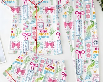 Conjunto de pijama de satén para mujer con estampado de Mahjong Social Club, pijama de manga larga para fiestas y juegos de la suerte, pijama de satén sedoso con estampado de fichas de Mahjong.