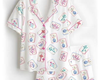 Mahjong Print Long Sleeve Pajama Set Pink Satin Sleepwear with Asian Tile Pattern Women’s Button Up Top and Pants Cute Game Night Outfit