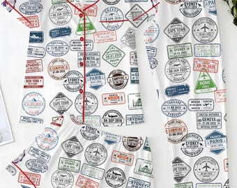 Pijama con estampado de viaje para mujer: pijama de manga corta con botones y pantalones cortos, un bonito regalo para descansar en vacaciones.