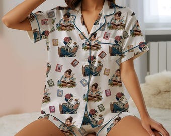 Bookworms Pajamas, Reading PJs For Women Booktrovert Satin PJs Set, Book Lover Sleepwear Set for Her, Bookish Sleepwear Book Lover Gift