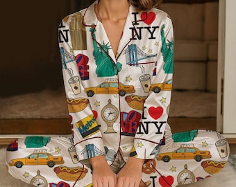 Conjunto de pijama de satén NYC, ropa de dormir con estampado "I Love NY"