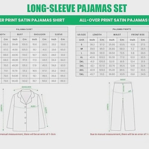 May include: A sizing chart for a long-sleeve pajama set, featuring two tables for shirt and pants measurements in inches and centimeters. The graphic includes line drawings of a button-down shirt and pants with labels for length, bust, shoulder, sleeve, waist, and hip.