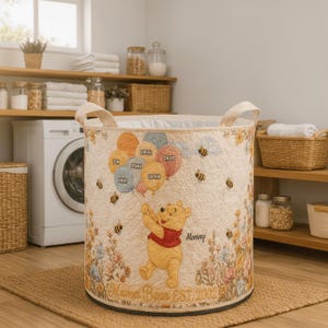Mama Bear Winnie The Pooh And Bees Laundry Basket, Vintage Bookish Fabric Storage Bin, Storage Basket, Mothers Day Gift, Mama Bear Top