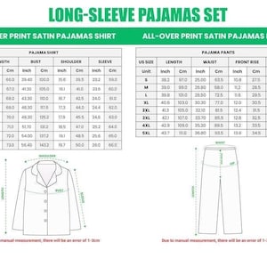 Puede incluir: Tabla detallada de un conjunto de pijama de manga larga, que incluye medidas de camisa y pantal&oacute;n. La tabla proporciona tallas, largos en cm, busto, hombro, manga, cintura, tiro y cadera. El texto "LONG-SLEEVE PAJAMAS SET" est&aacute; en la parte superior.