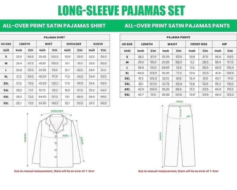 Puede incluir: Tabla detallada de un conjunto de pijama de manga larga, que incluye medidas de camisa y pantal&oacute;n. La tabla proporciona tallas, largos en cm, busto, hombro, manga, cintura, tiro y cadera. El texto "LONG-SLEEVE PAJAMAS SET" est&aacute; en la parte superior.