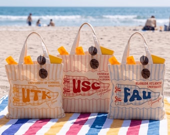 Bolso de mano personalizado con banderín universitario y nombre, bolso de mano a rayas con el espíritu de la escuela, bolso personalizado para el equipo universitario, regalo de graduación para estudiantes.