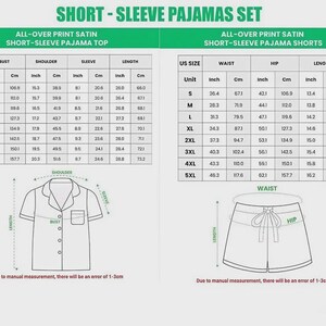 May include: A size chart for a short-sleeve pajama set, featuring two tables with US sizes from S to 5XL. The left table lists bust, shoulder, sleeve, and length in inches and cm for the top. The right table lists waist, hip, and length in inches and cm for the shorts.