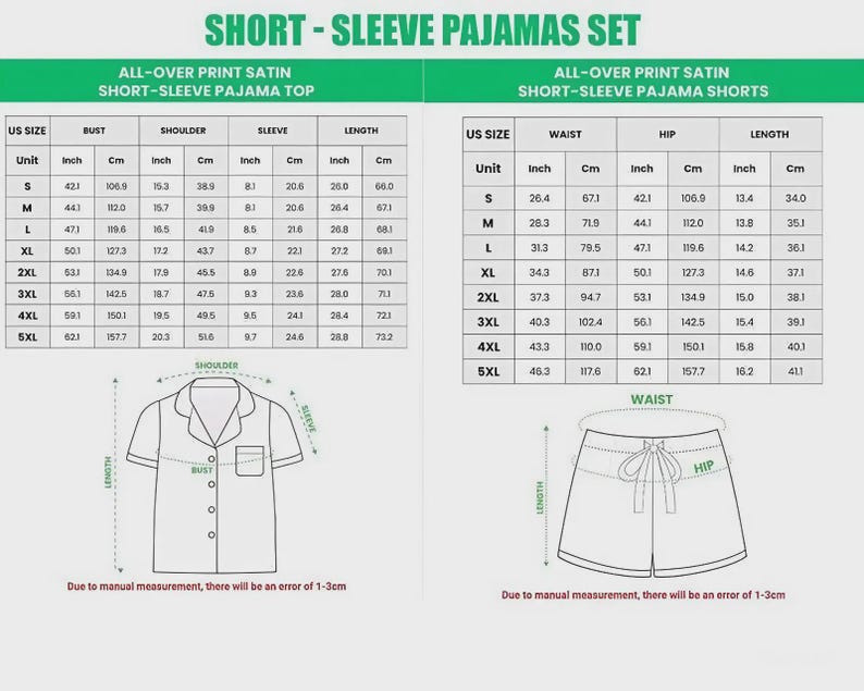May include: A size chart for a short-sleeve pajama set, featuring two tables with US sizes from S to 5XL. The left table lists bust, shoulder, sleeve, and length in inches and cm for the top. The right table lists waist, hip, and length in inches and cm for the shorts.