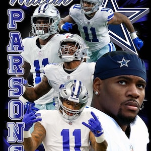 May include: A digital graphic featuring multiple images of a football player in a white and blue uniform. The player's name, "Micah Parsons," is displayed in a stylized font, along with the number "11."
