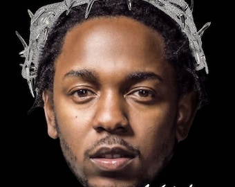 May include: Portrait of a man with a silver crown of thorns on his head. The crown is detailed with sharp spikes. The man's face is centered, with a black background. The name "Kendrick Lamar" is written in white script below.