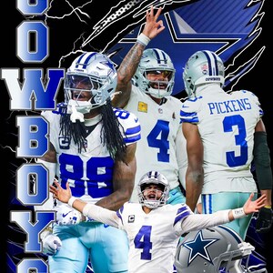 May include: A graphic design featuring Dallas Cowboys football players in white uniforms with blue accents. The text COWBOYS is displayed vertically in large blue and white letters. A silver football helmet with a blue star logo is included.