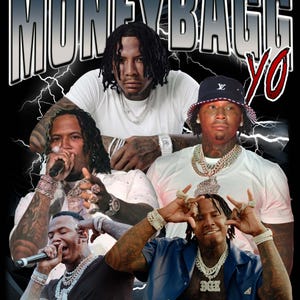 May include: A graphic featuring multiple images of a rapper, with the text "MONEYBAGG YO" in a bold, stylized font. The background is black with lightning bolt graphics.