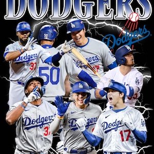 以下が含まれることがあります： ロサンゼルス・ドジャースの野球選手がユニフォームを着ているグラフィック。上部には「DODGERS」の文字が青と白で大きく表示されています。画像にはドジャースのロゴと野球ボールが含まれています。
