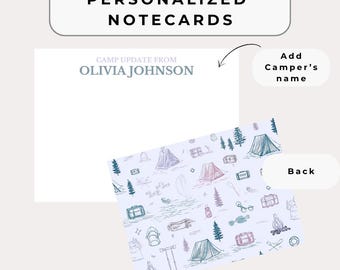 Tarjetas personalizadas para campamento con sobres / Paquete de artículos de campamento de verano / Camping morado