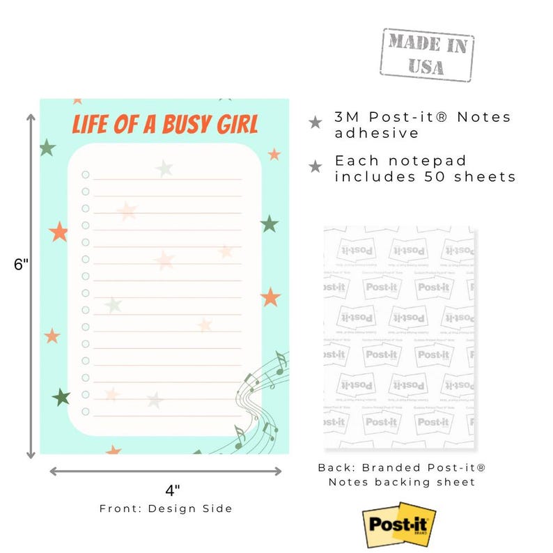 May include: A 4-inch by 6-inch Post-it notepad with the text "LIFE OF A BUSY GIRL." The notepad has a light blue background with orange and green star accents. Includes 50 sheets and 3M Post-it adhesive.