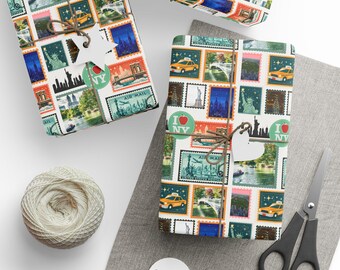 Papel de regalo de Nueva York / Papel de regalo con collage de sellos de la ciudad de Nueva York / Papel de regalo para amantes de la ciudad / Taxi de Manhattan, horizonte, Estatua de la Libertad
