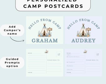 Postales personalizadas para campamento: múltiples opciones de color, paquete de artículos para campamento de verano.