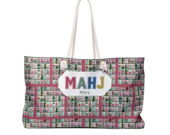 Bolso de tela con diseño de fichas de mahjong / Bolsa de lona para fin de semana con temática de juegos, nombre personalizado.