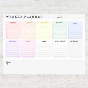May include: A weekly planner with pastel-colored sections for each day of the week, including a shopping list and top priority section. The planner has the text "WEEKLY PLANNER" at the top and "Notes" at the bottom.