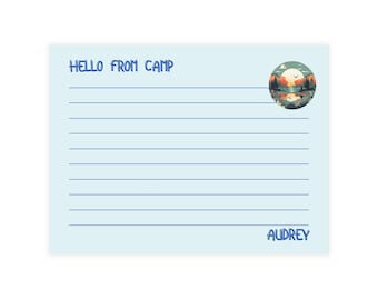 Papelería personalizada para campamento / Set de tarjetas de felicitación "Hola desde el campamento" / Papel de carta para campamento de verano infantil / Papelería con nombre personalizado / Papel de escribir para campamento