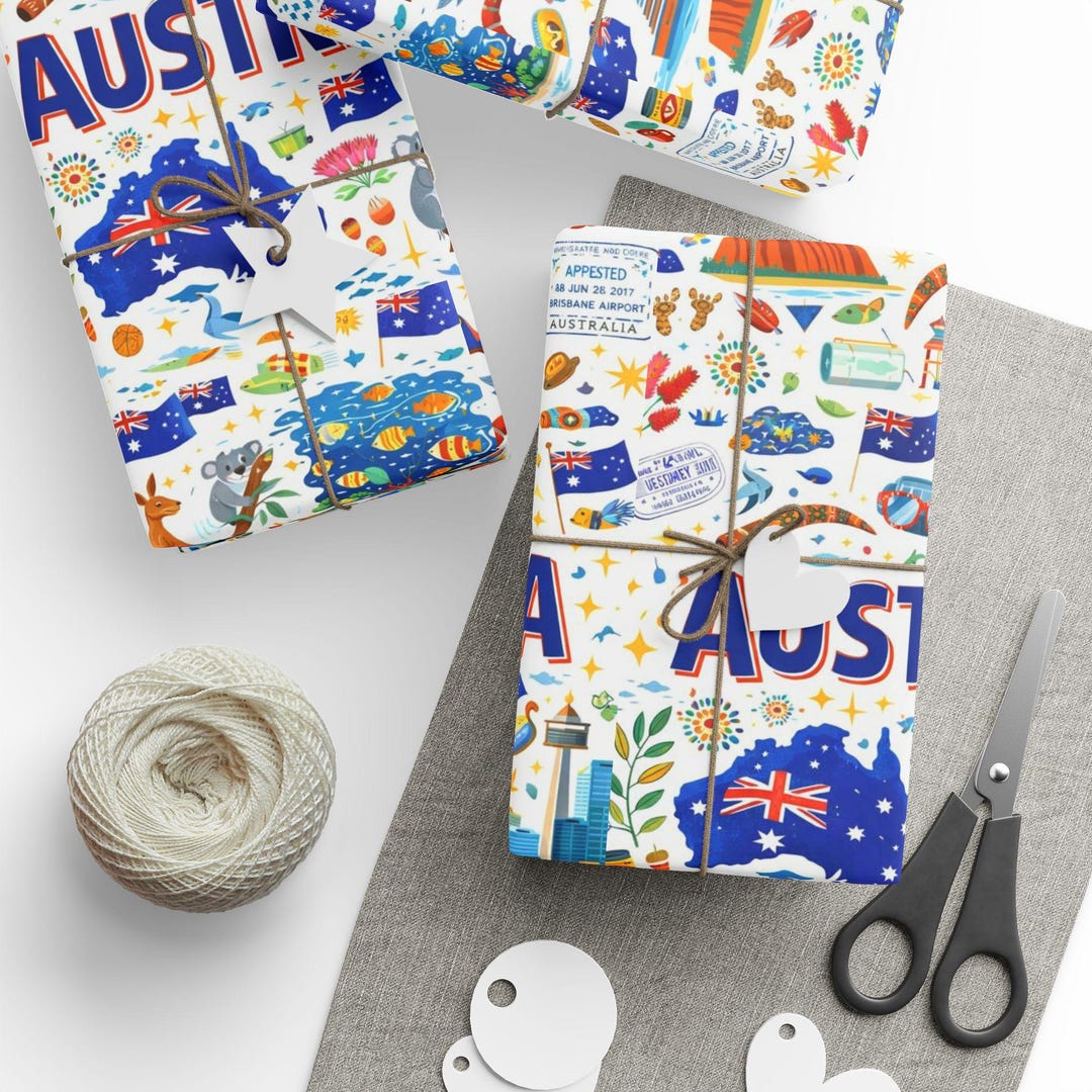 Australia Icon Pattern Wrapping Papers | Aussie Map, Kangaroo, Koala ...