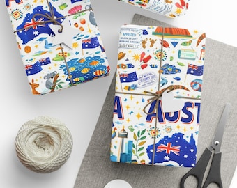 Australia Icon Pattern Wrapping Papers | Aussie Map, Kangaroo, Koala, Beach Motifs