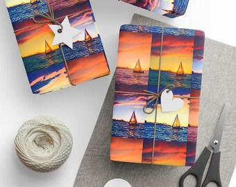 Sunset Lighthouse Pattern Wrapping Paper | Coastal Scenic Gift Wrap Roll