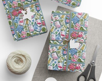 Papel de regalo con flamencos de Mahjong, papel de regalo estilo preppy, papel con hojas de palma tropical, papel de regalo de flamencos rosas para cumpleaños, hojas de papel de regalo con fichas de Mahjong