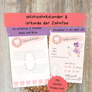 Milk tooth calendar and tooth fairy certificate Certificate from the tooth fairy Reminder card for first teeth first loose tooth Boy Girl Pink Blue