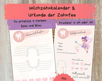 Milk tooth calendar and tooth fairy certificate Certificate from the tooth fairy Reminder card for first teeth first loose tooth Boy Girl Pink Blue