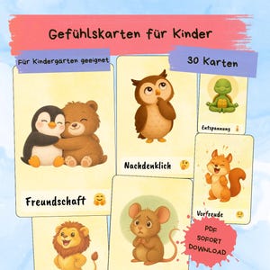Può includere: Set di 30 flashcard delle emozioni per bambini, con illustrazioni di animali che esprimono diversi sentimenti. Le carte includono parole come "Amicizia", "Coraggio" e "Ansia". Il testo "PDF SOFORT DOWNLOAD" è anch'esso visibile.