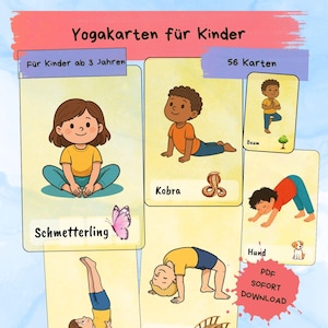 Könnte beinhalten: Ein Set Yogakarten für Kinder mit Illustrationen von Yoga-Posen. Die Karten enthalten deutsche Texte wie "Kobra" und "Schmetterling". Das Set ist für Kinder ab 3 Jahren, mit 56 Karten.