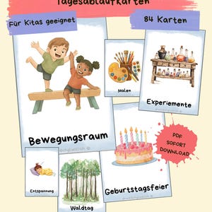 Peut inclure: Ensemble de cartes illustrées avec du texte allemand, dont "Tagesablaufkarten" et "Für Kitas geeignet." Les cartes présentent des enfants, du matériel d'art, des expériences et un gâteau d'anniversaire. Le texte "PDF SOFORT DOWNLOAD" est également visible.