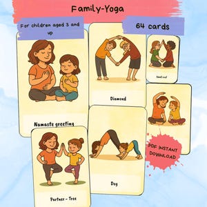 Könnte beinhalten: Familien-Yoga-Karten für Kinder ab 3 Jahren, mit Illustrationen von Yoga-Posen. Die Karten zeigen Posen wie Diamant, Hund und Partner-Baum, mit dem Text "64 Karten" und "PDF INSTANT DOWNLOAD".