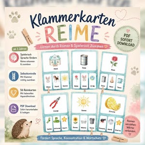 Puede incluir: Tarjetas educativas tituladas Klammerkarten REIME con ilustraciones en acuarela de objetos como una casa, una rosa y un limón. Las tarjetas incluyen texto en alemán para emparejar rimas, con pinzas de madera para la selección.