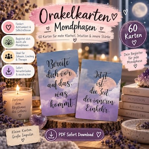 May include: A set of 60 oracle cards featuring moon phases with German text. The cards display clouds and a full moon. One card reads, Bereite dich vor auf das, was kommt, and the other, Jetzt ist die Zeit der inneren Einkehr. Includes a candle and crystals.