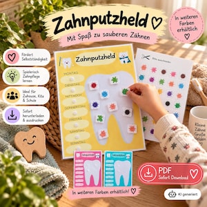 May include: A printable tooth brushing chart titled Zahnputzheld with days of the week in German, featuring a large white tooth graphic, colorful germ stickers, and a separate sheet of cut-out icons. The set includes two smaller tooth charts.