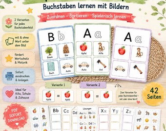 Apprendre l'alphabet : jeu de tri de lettres, cartes illustrées, jeu d'association, PDF imprimable, matériel Montessori pour enfants, allemand, à faire soi-même