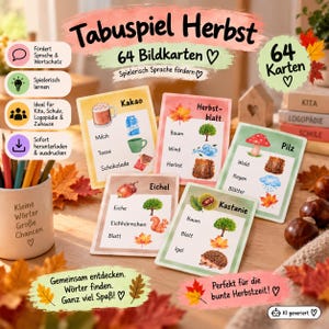 Puede incluir: Un conjunto de 64 tarjetas ilustradas con temática otoñal que presentan vocabulario en alemán como Kakao, Herbstblatt, Pilz, Eichel y Kastanie. Cada tarjeta muestra ilustraciones coloridas de elementos estacionales, incluyendo árboles, animales y comida, diseñadas para el desarrollo del lenguaje.