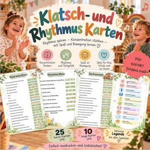 以下が含まれることがあります： ドイツ語のテキスト、カラフルなイラスト、リズムパターンが特徴の「Klatsch- und Rhythmus Karten」と題された印刷可能な教育用アクティビティカードセット。A4サイズの短いカード25枚と長いカード10枚、凡例カードが含まれており、リズムや運動の練習用としてデジタルPDFダウンロードで提供されています。
