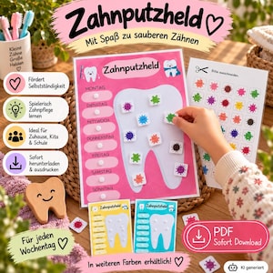 May include: A printable tooth brushing chart titled Zahnputzheld with a large white tooth graphic, days of the week in German, and colorful square stickers featuring cartoon germs. Includes a separate sheet for cutting out stickers.