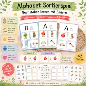 Könnte beinhalten: Ein pädagogisches Alphabet-Sortierspiel mit 42 Seiten ausdruckbaren Karten, die Buchstaben und passende Illustrationen zeigen. Das Set enthält Karten für die Buchstaben A und B mit Bildern wie Apfel, Affe, Auto, Axt, Baum, Bär und Buch.
