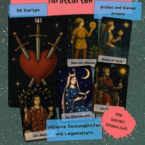 Könnte beinhalten: Ein Tarotkartenspiel mit 78 Karten, das Illustrationen der großen und kleinen Arkana zeigt. Die Karten zeigen Schwerter, die ein Herz durchbohren, eine Frau mit einem Halbmond und andere Figuren. Text enthält "Tarotkarten" und "PDF SOFORT DOWNLOAD."