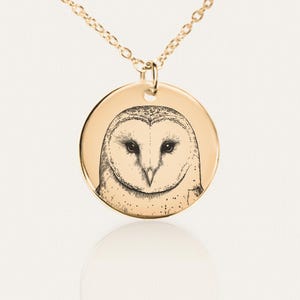Barn Owl Necklace - Custom Engraved Pendant - Double-Sided - Stainless Steel, 18K Gold Plated - Personalized Owl Jewelry - Bird Lover Gift