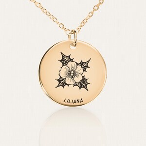 Holly Necklace - December Birth Flower Pendant - Double-Sided Personalized Jewelry - Stainless Steel, 18K Gold Plated - Winter Keepsake Gift