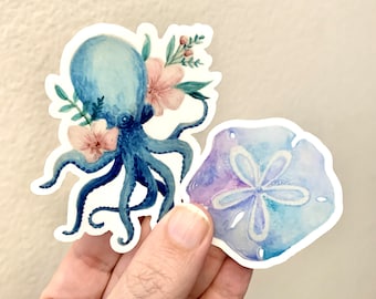 Ocean Set of Watercolor Stickers | Sand Dollar & Octopus