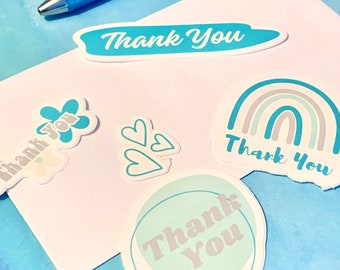 Thank You Sticker Set | 14 Thank You Stickers | Aqua, Yellow, Grey - Glossy