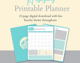 Hibiscus Tropical Beach Themed Printable Planner Download | 8.5x11" | Monthly, Weekly, and Daily Planner